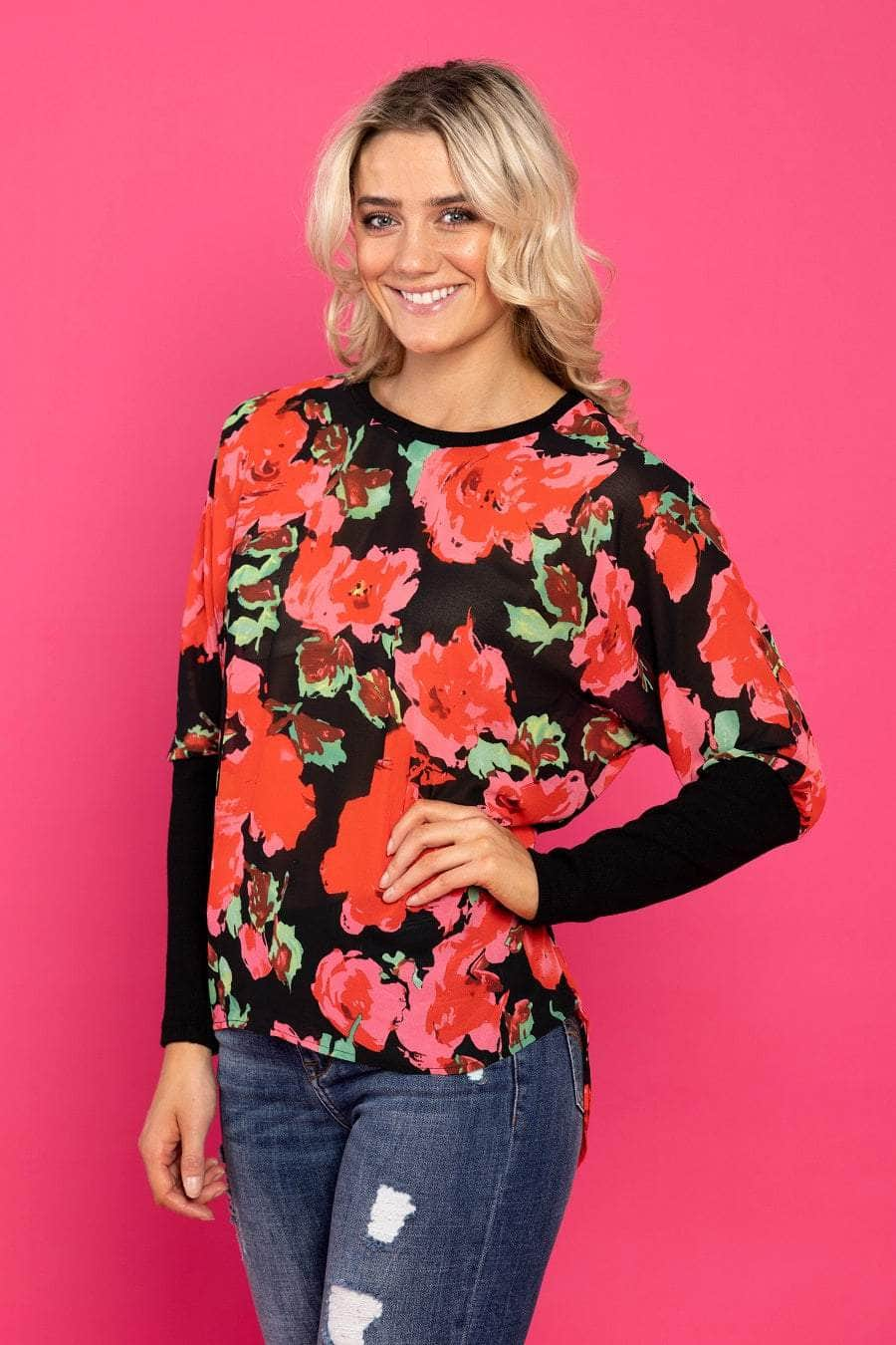 red floral print top