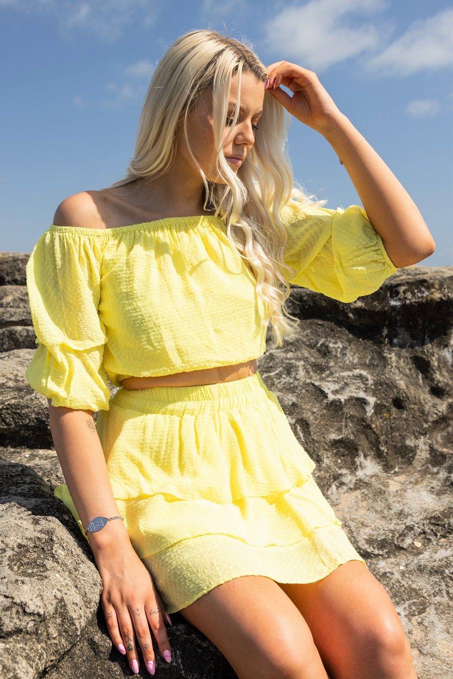 layered yellow mini skirt