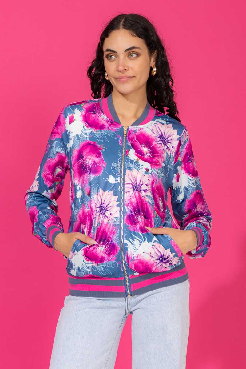 grey pink floral print bomber jacket