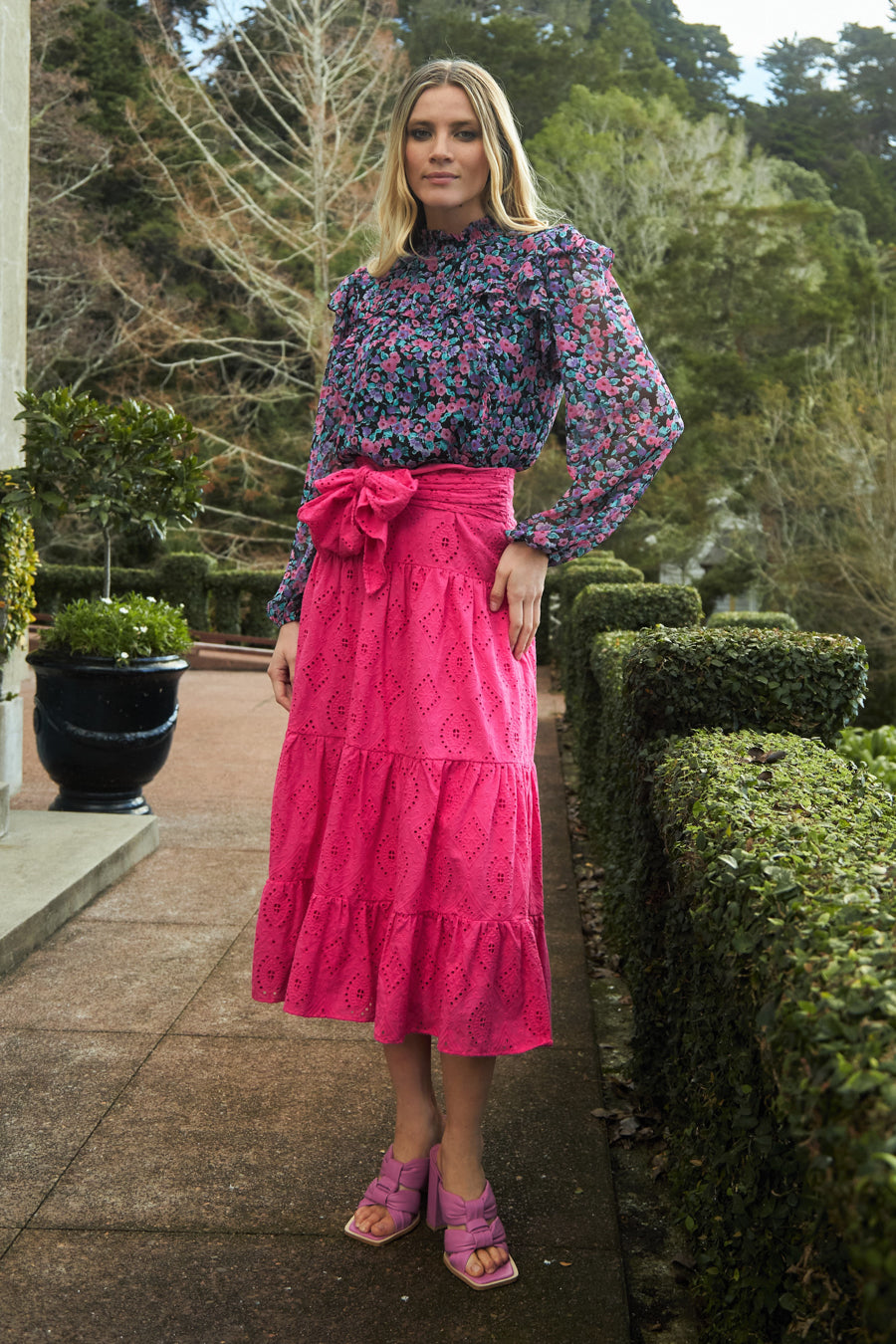 hot pink midi skirt