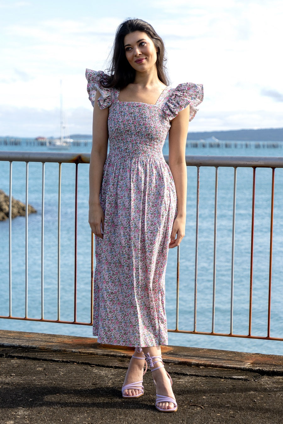 shirred bodice floral maxi dress