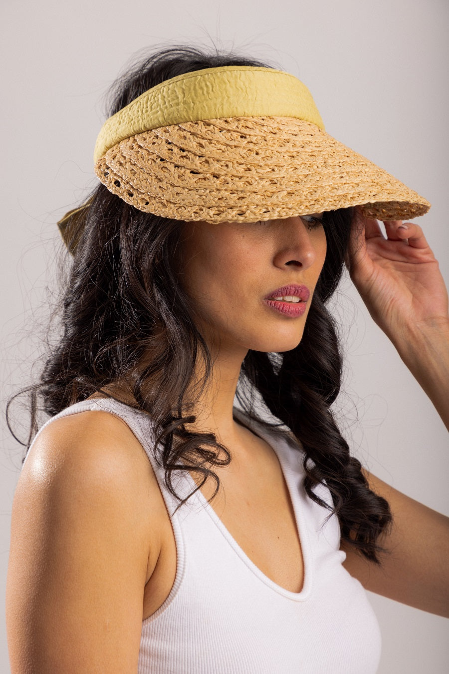 woven tan visor with black trim