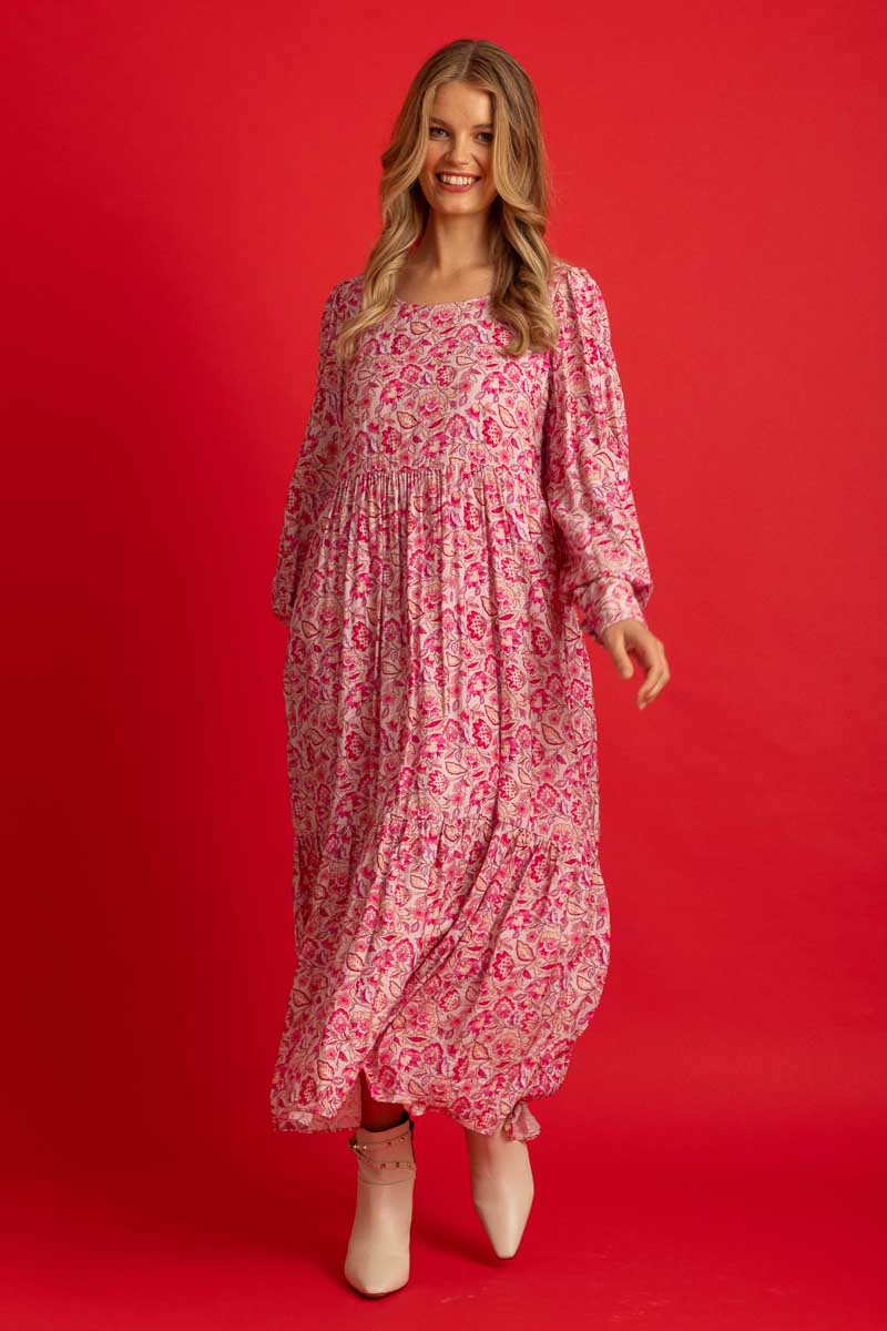 pink floral print tiered maxi dress