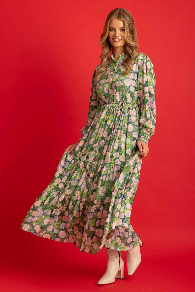 green light pink floral print tiered maxi dress