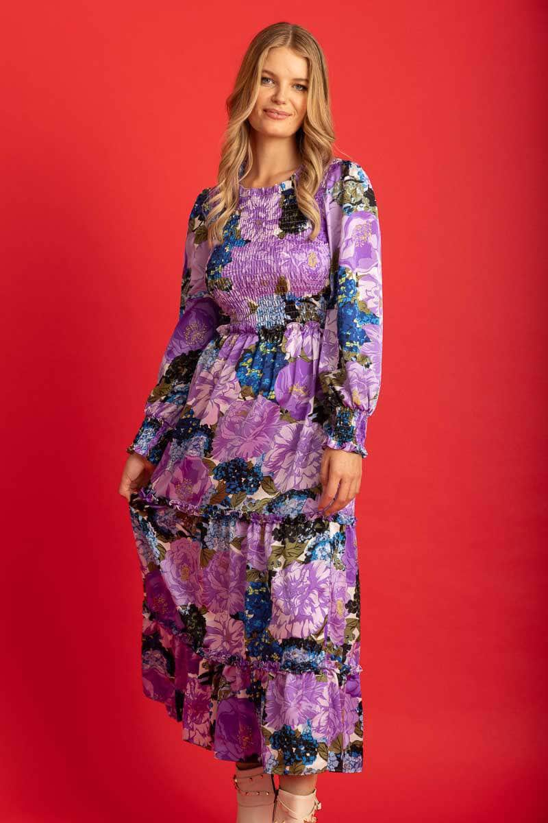 purple blue floral print shirred midi dress