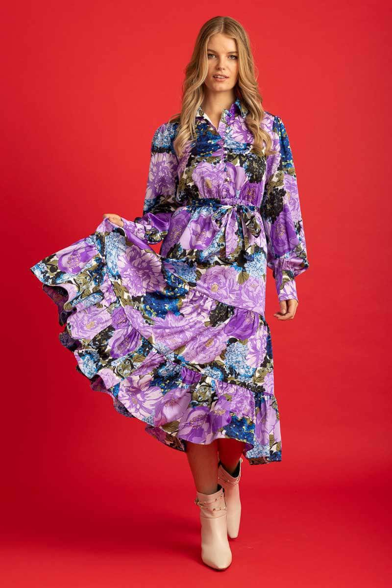 purple blue floral print tiered midi dress