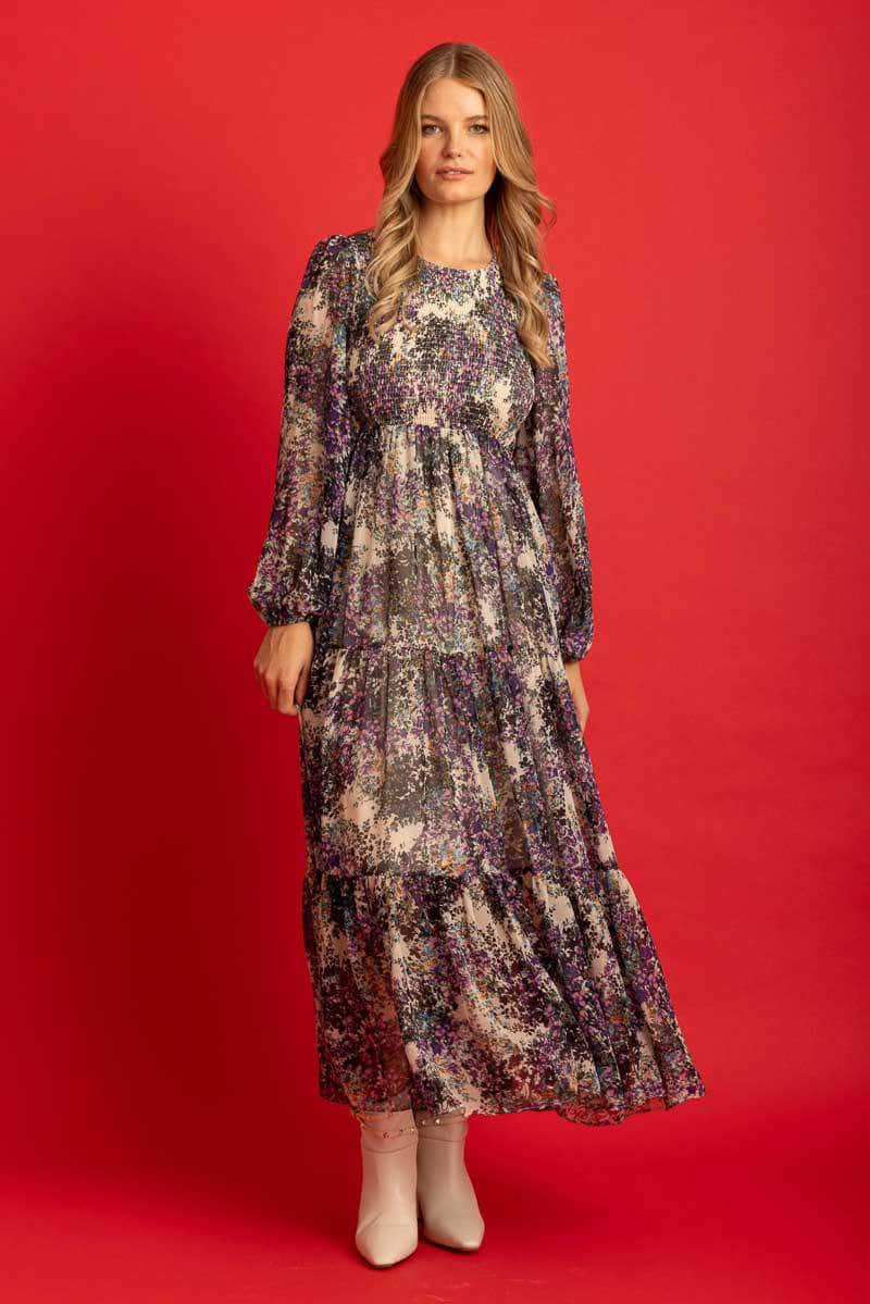 black purple beige floral print tiered maxi dress