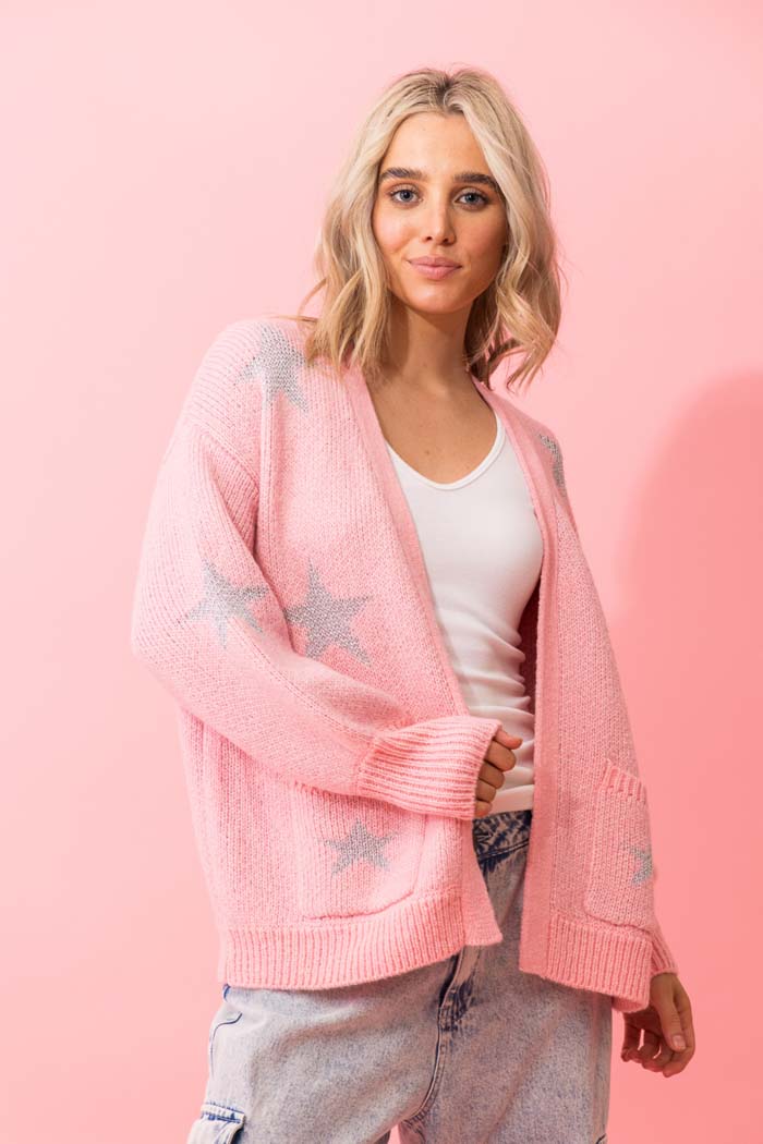 pink knitted cardigan