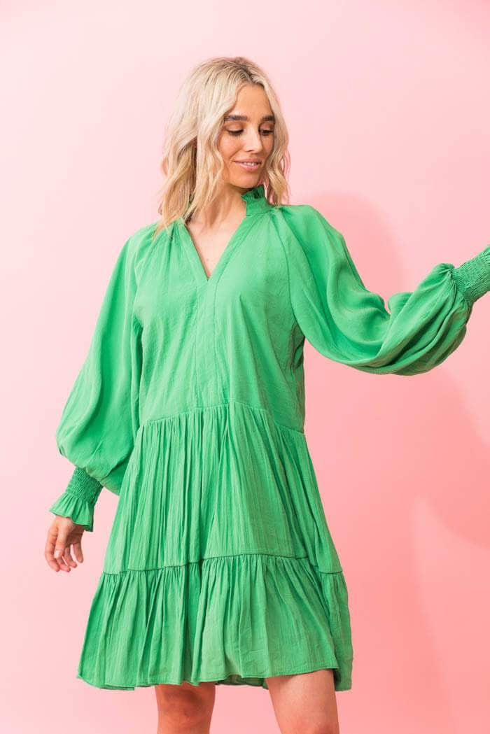 green tiered midi dress