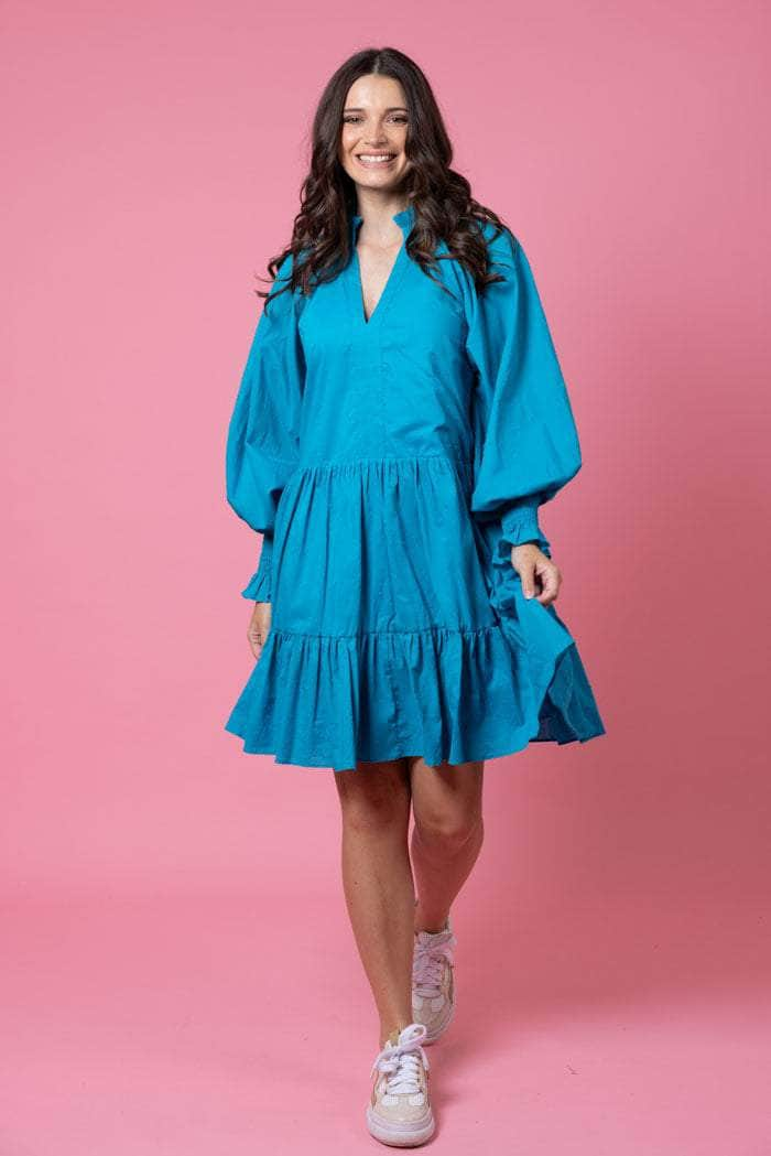 blue tiered midi dress