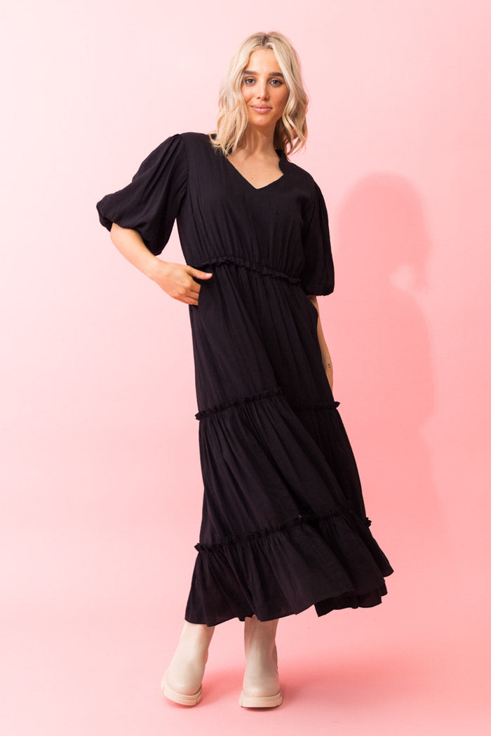 black tiered maxi dress