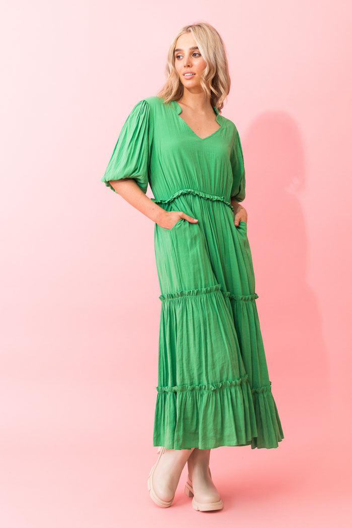 green tiered maxi dress