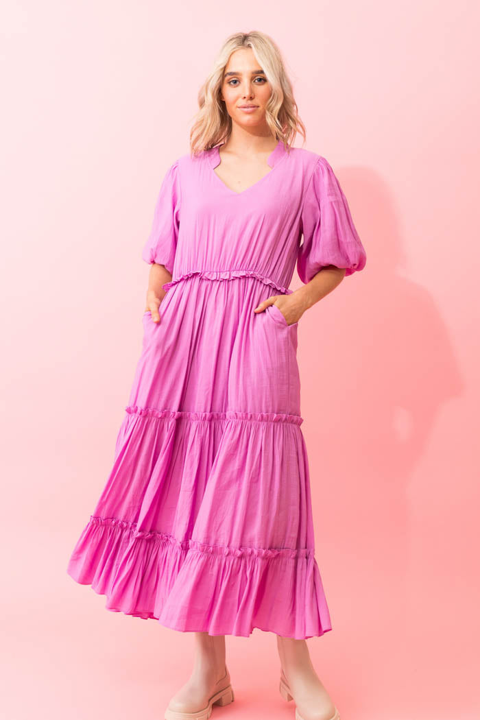 pink tiered maxi dress