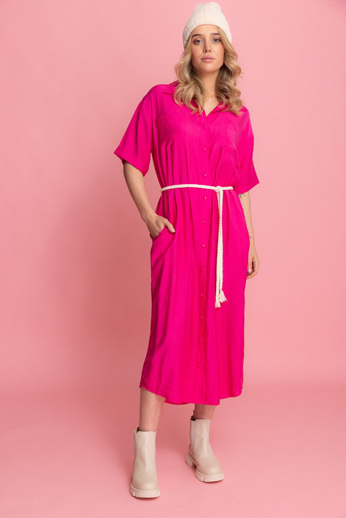 pink midi shirt dress