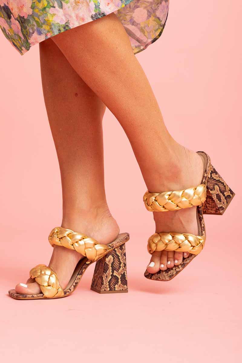 gold plaited heel brown snakeskin