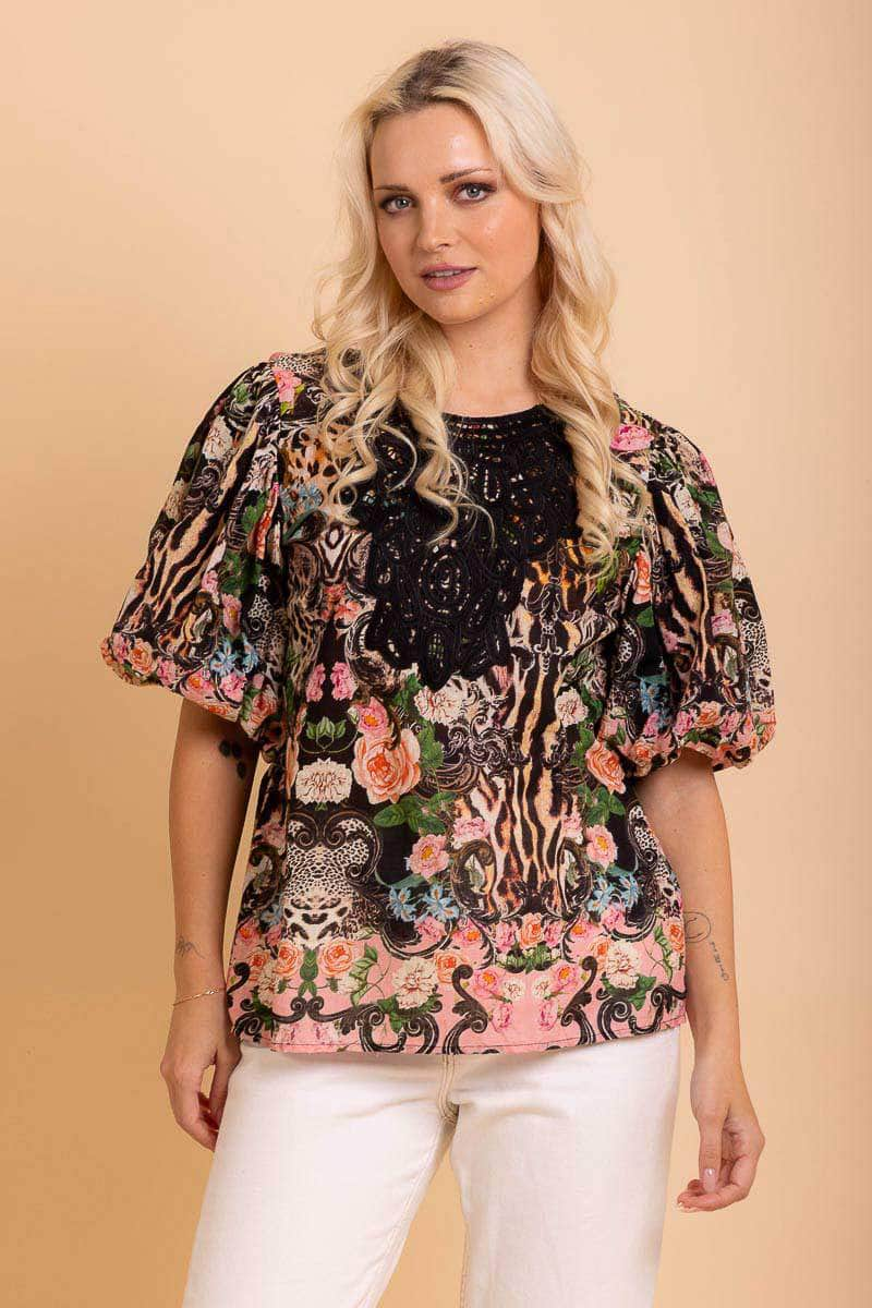 brown pink floral animal print lace top