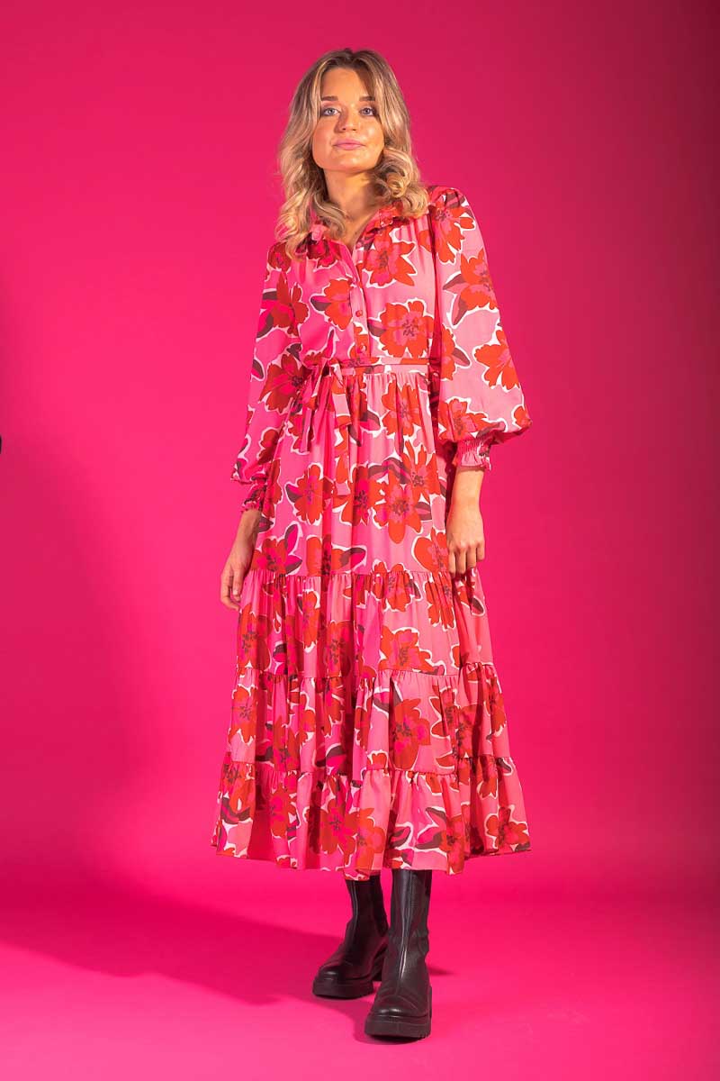 pink red floral print shirt maxi dress