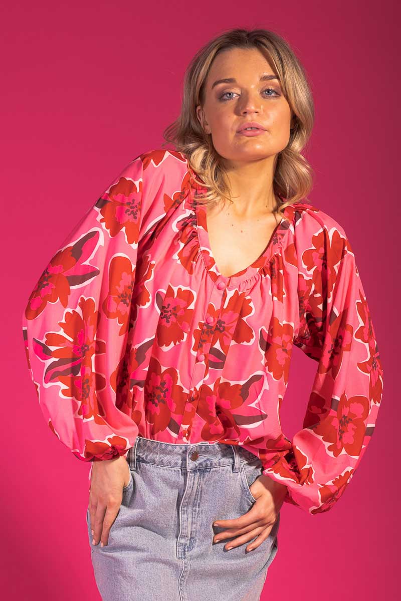 pink red floral print top