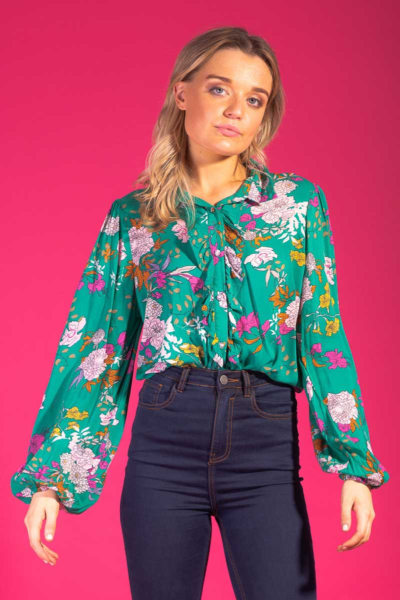 teal green floral print blouse shirt