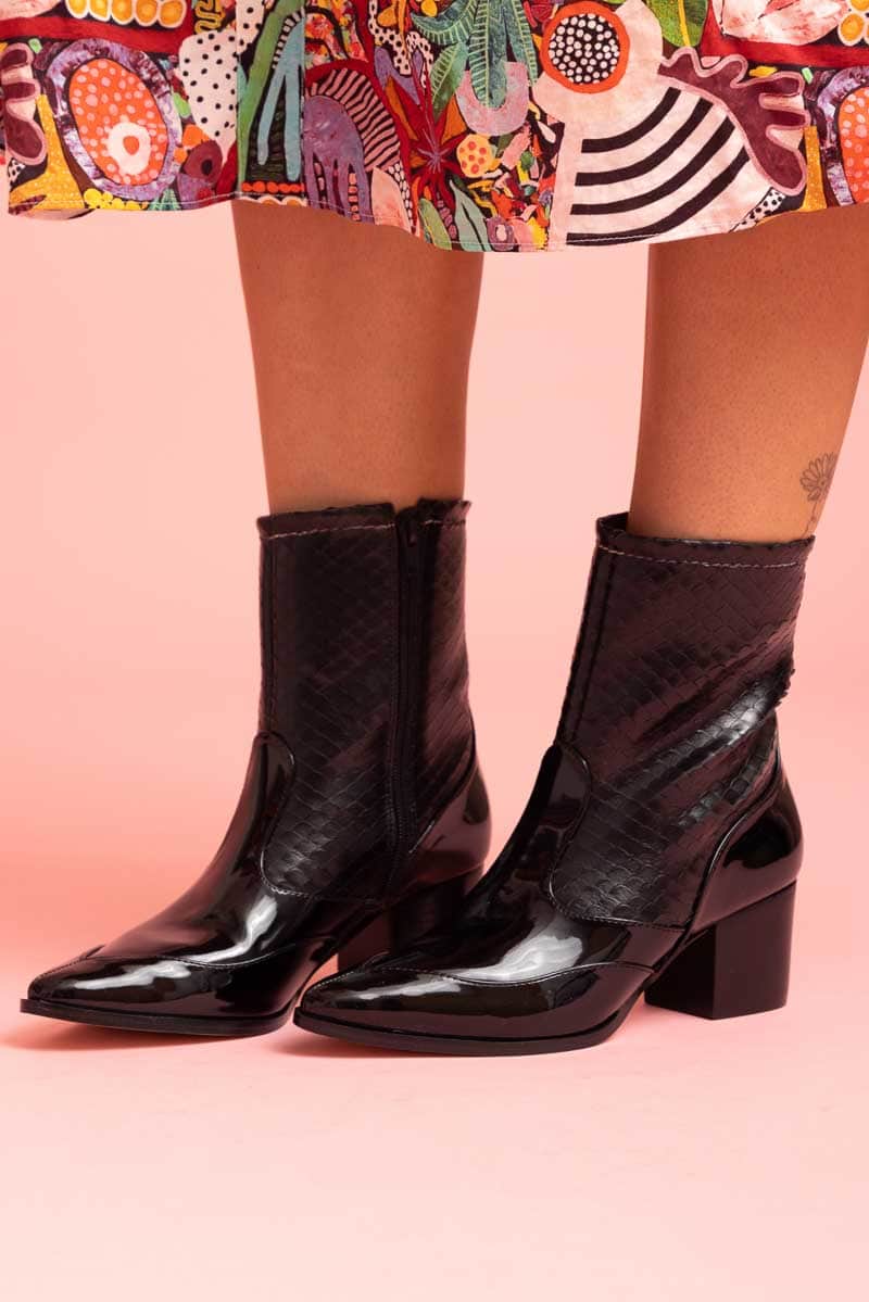 Black patent snakeskin ankle boots sales