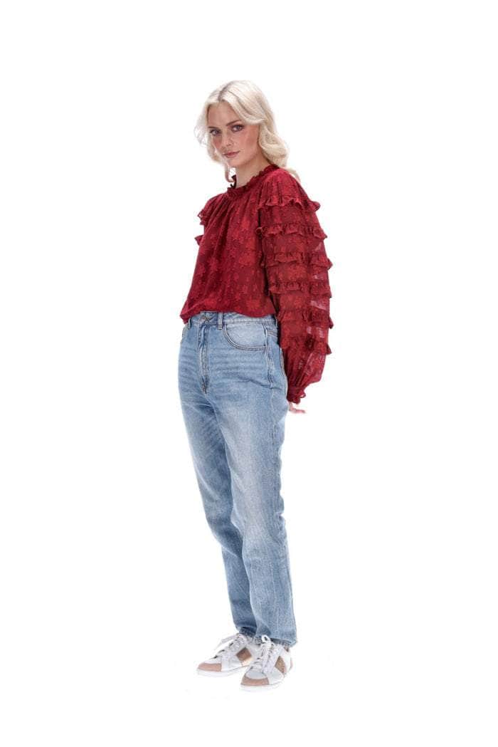 Maroon ruffle top shop