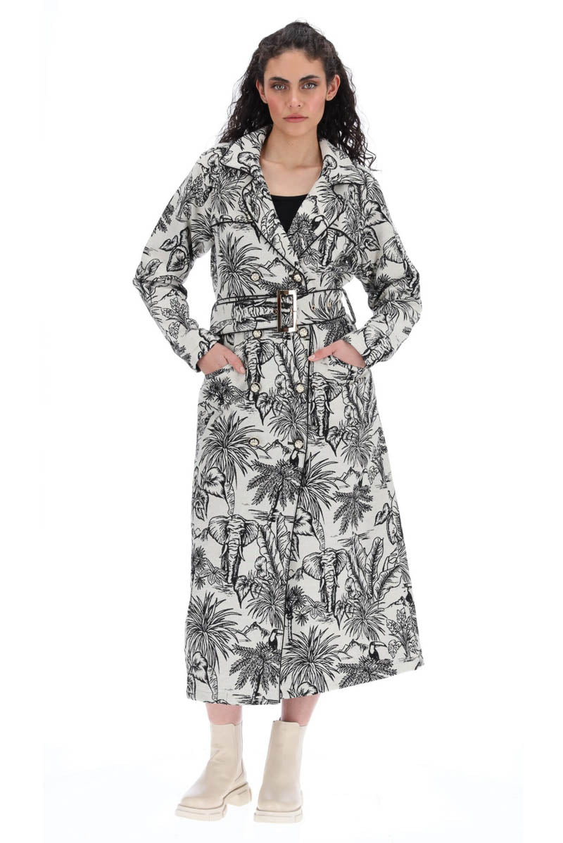 Ciara Trench Coat Beige Black Jacquard