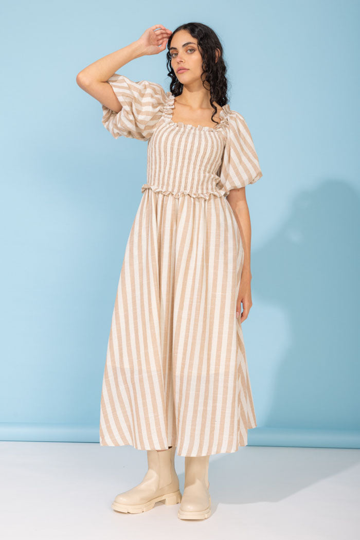 beige striped maxi dress