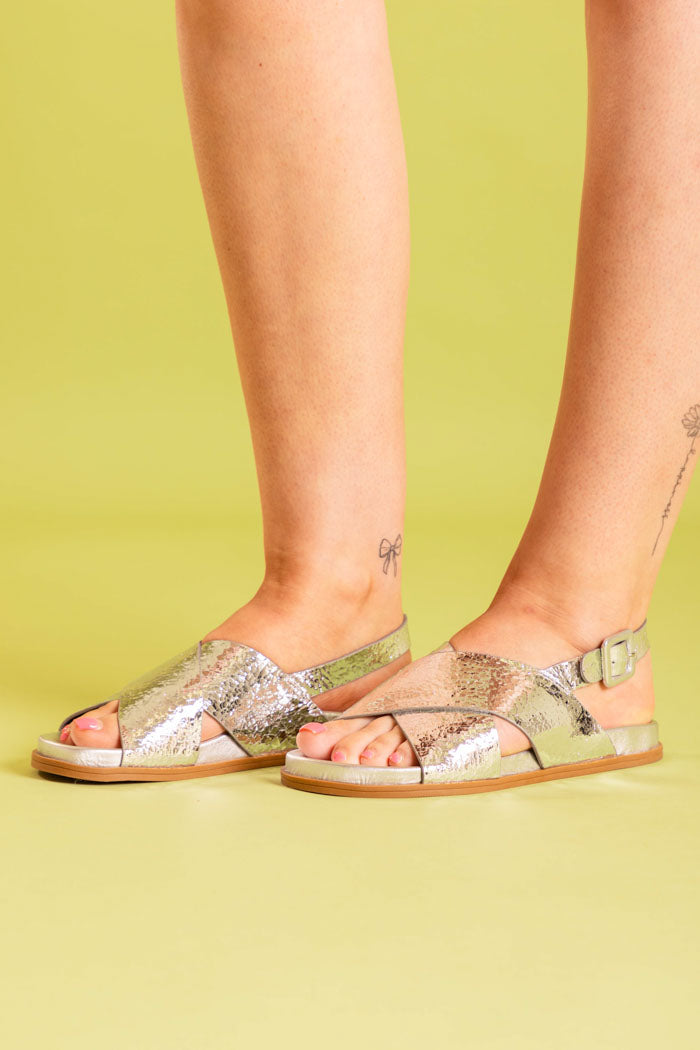 silver crossover strap sandal