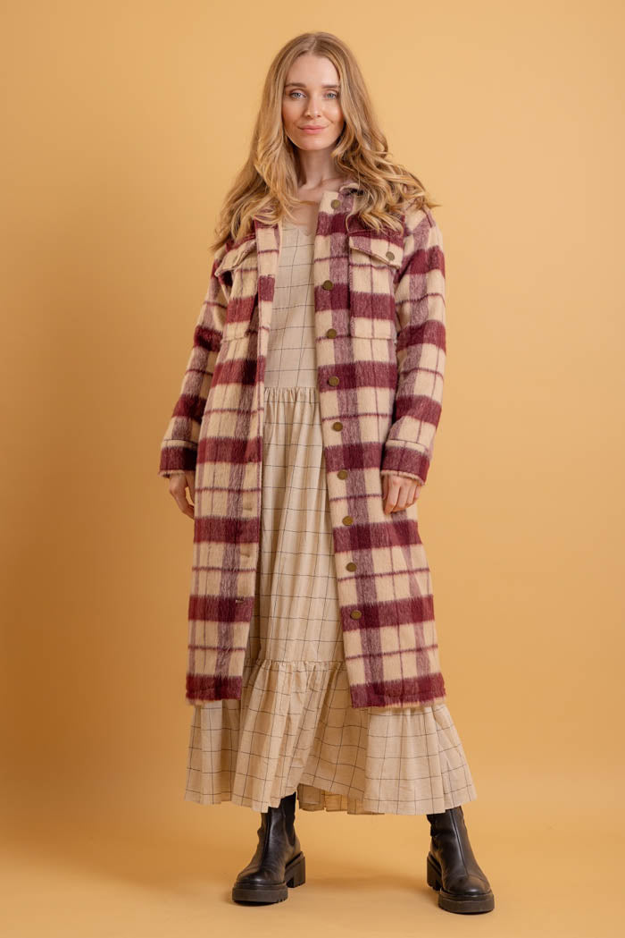 burgundy tartan long coat