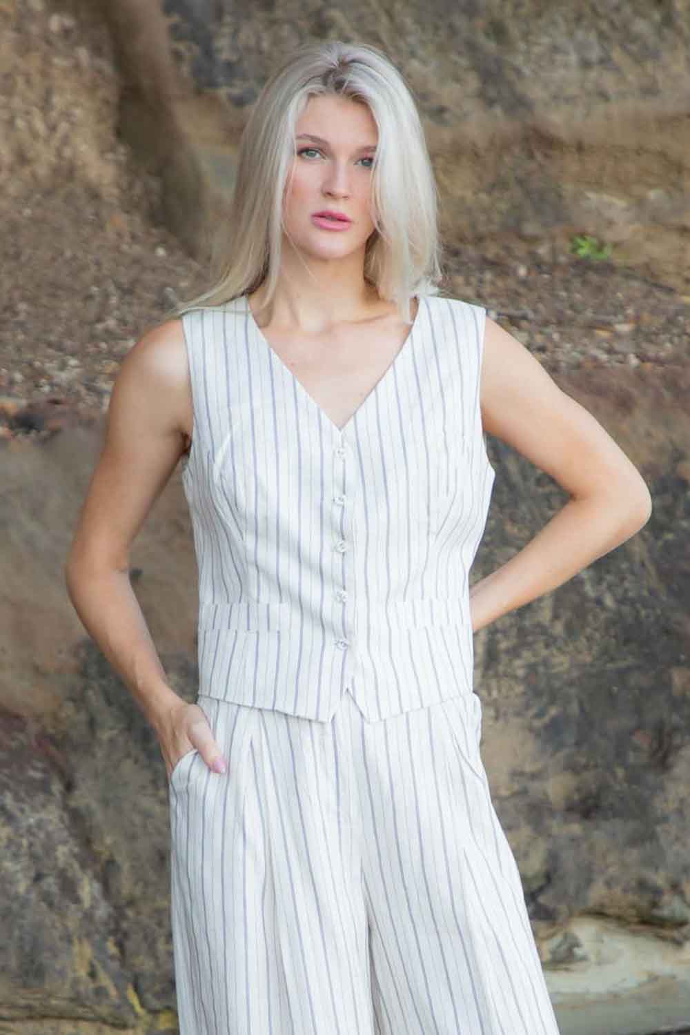 beige pinstripe wrap dress