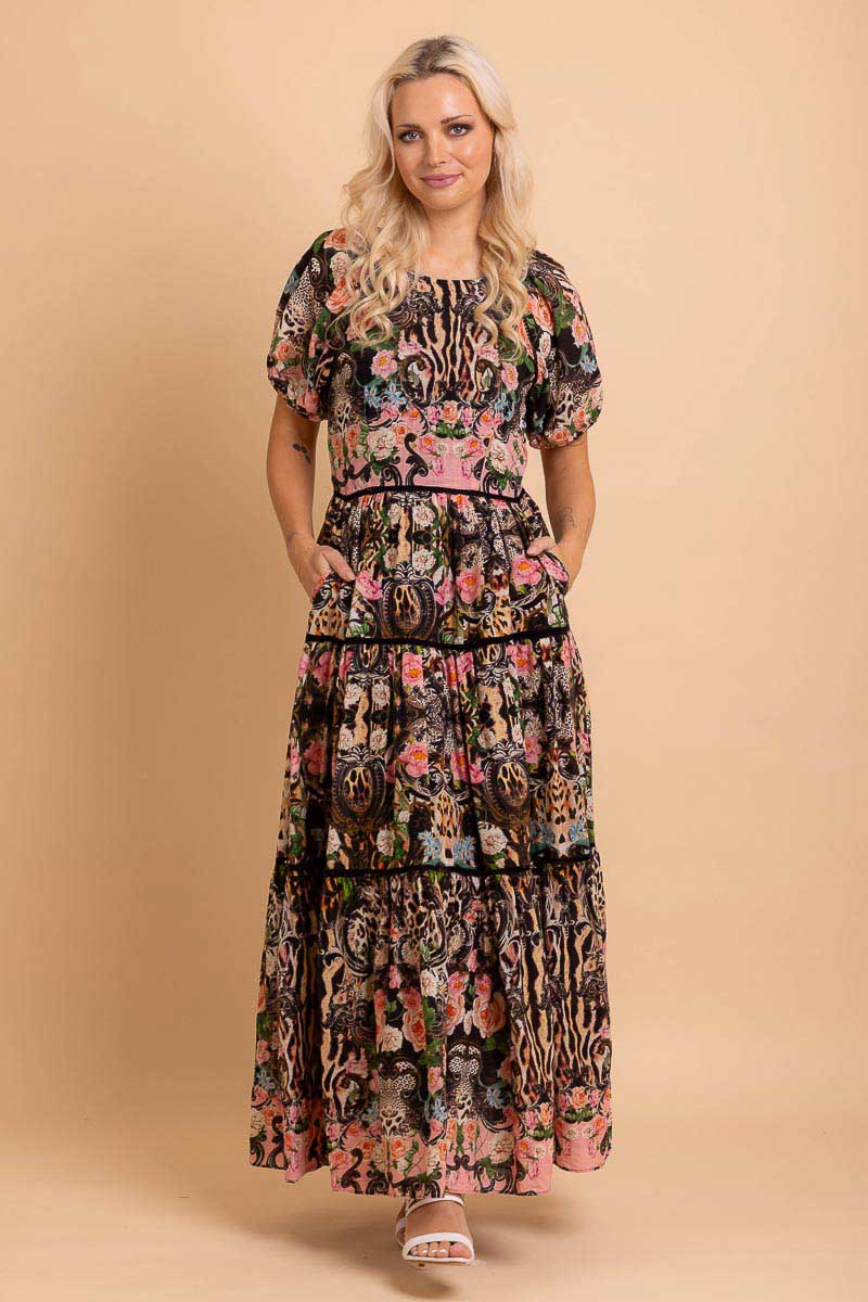 brown pink tiered maxi dress animal