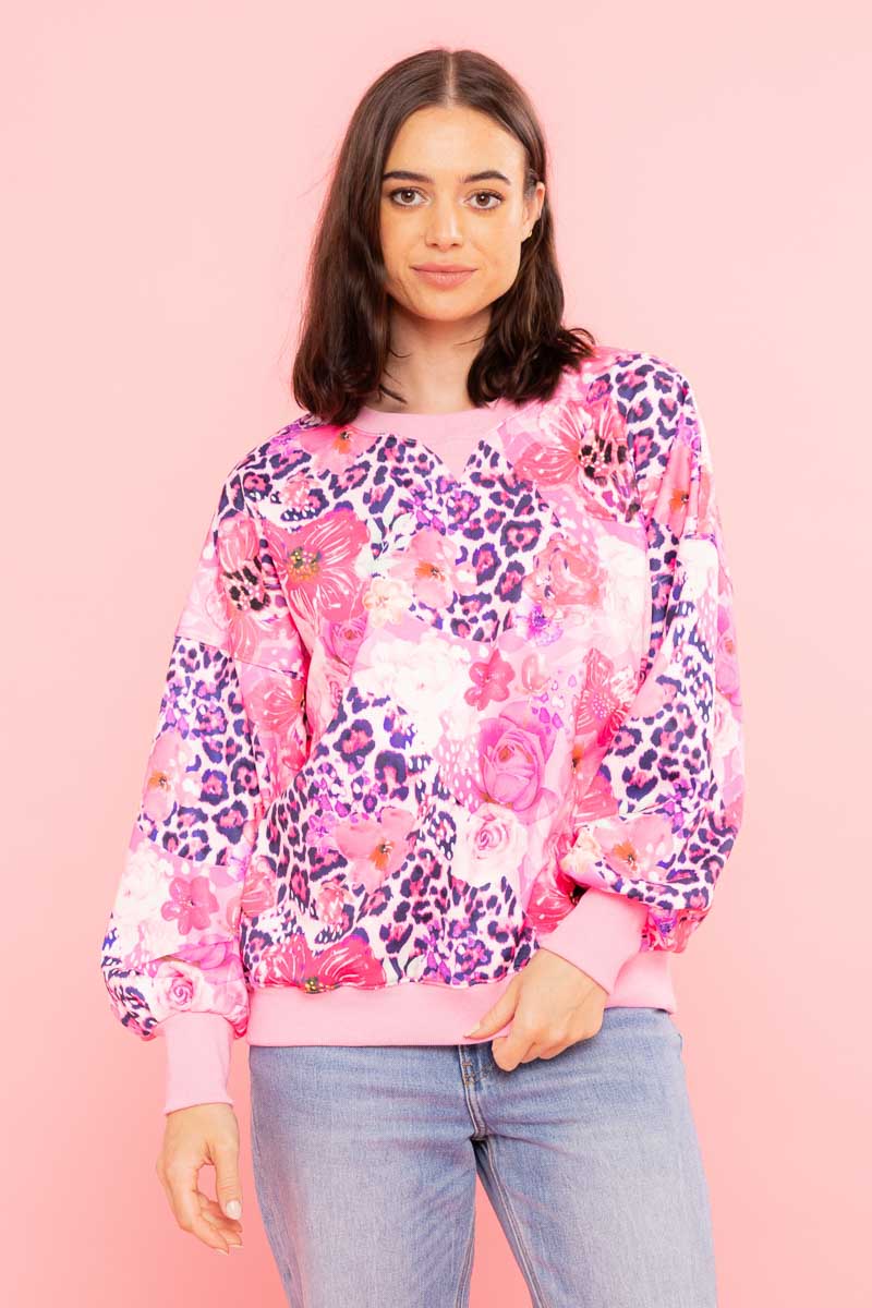 pink leopard floral print sweater jumper