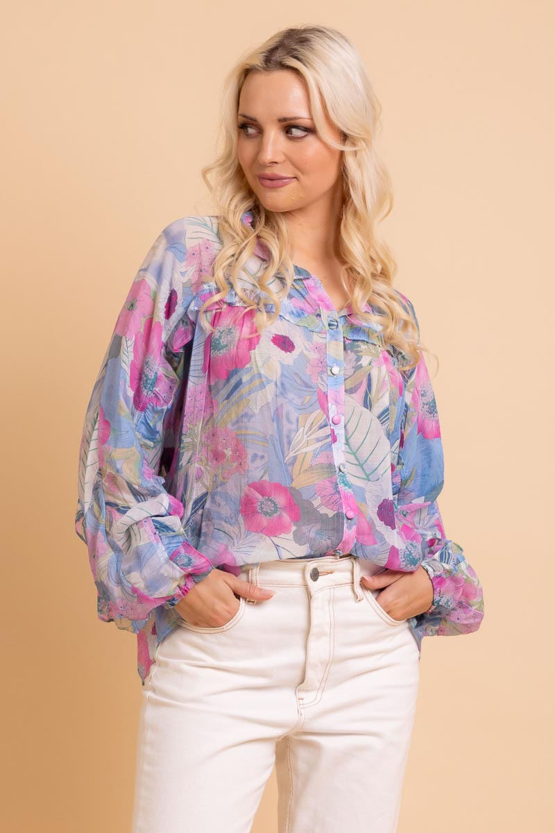 teal floral print blouse shirt