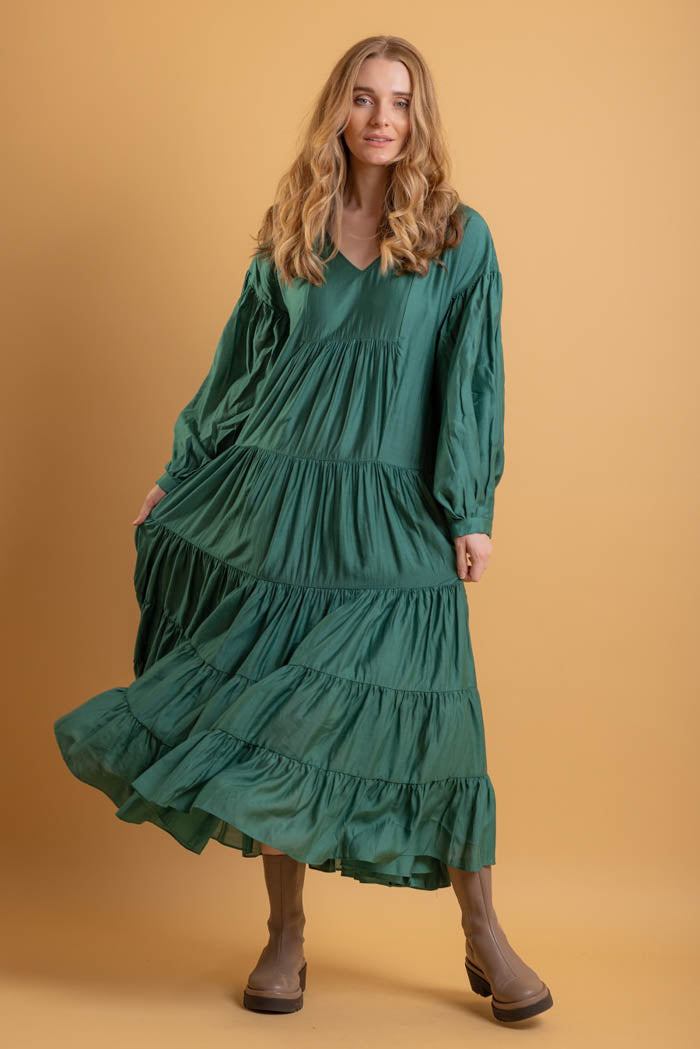 green tiered maxi dress