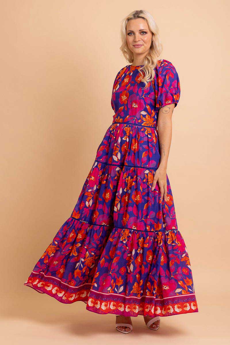 blue pink floral maxi dress