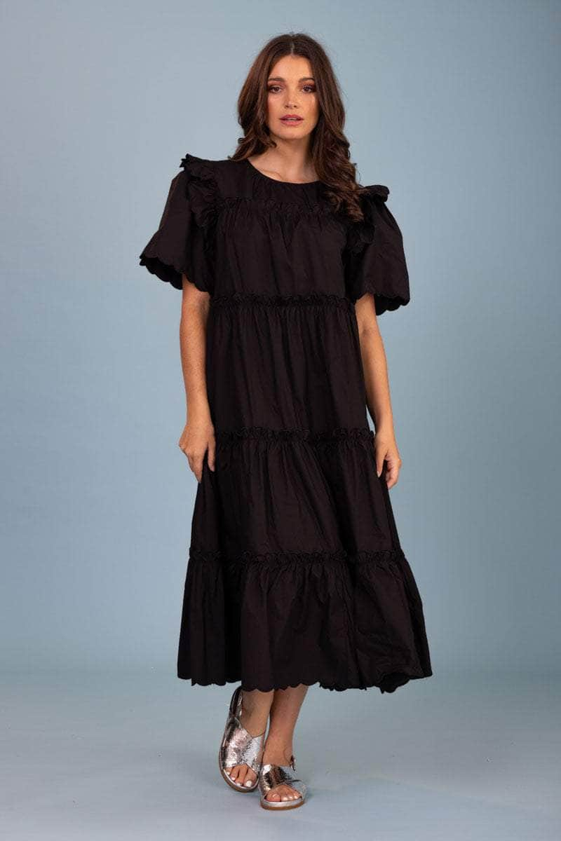 black tiered midi dress