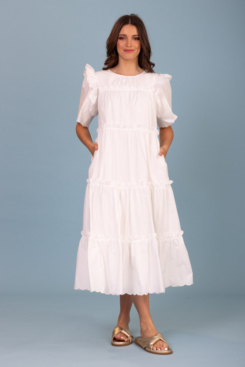 white tiered midi dress