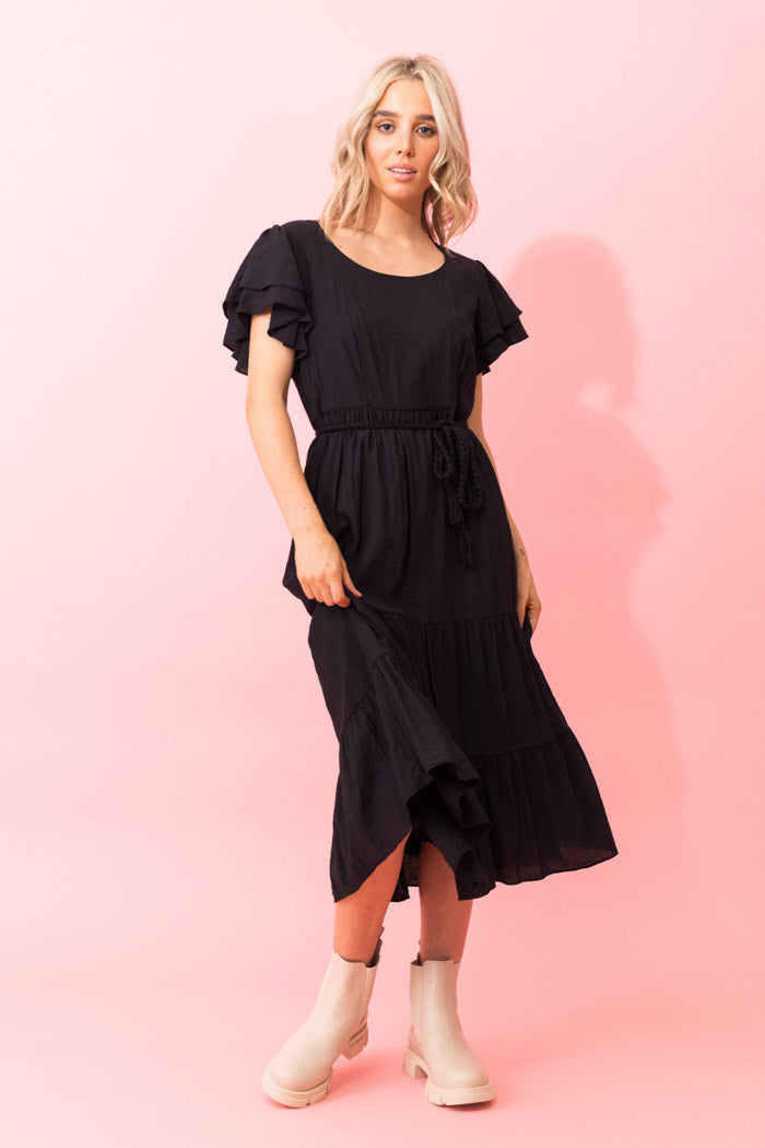 black tiered midi dress