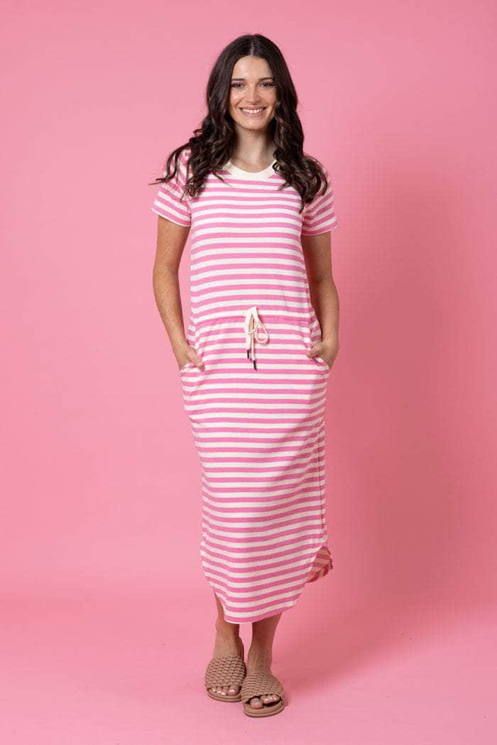 pink striped midi dress