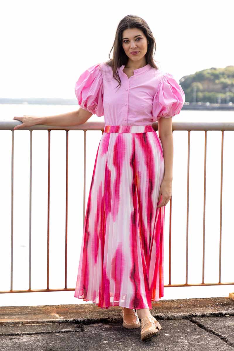 pink pleated maxi skirt