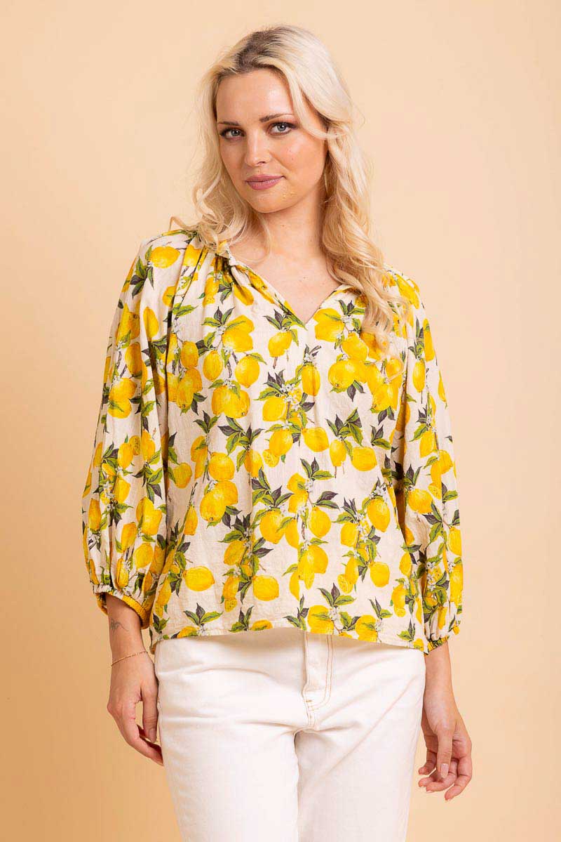 yellow lemon print shirt blouse top