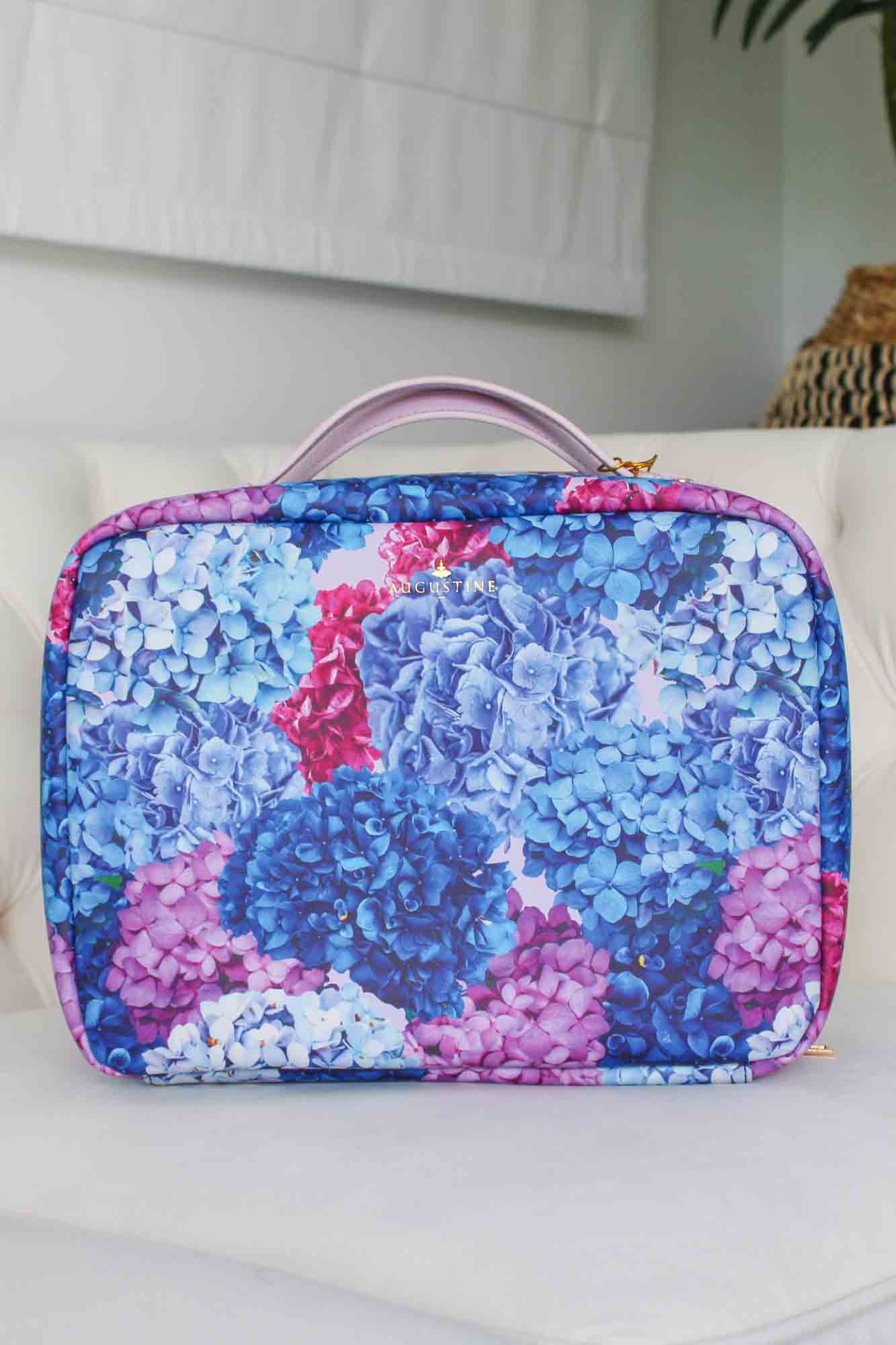 blue and purple hydrandea print cosmetic bag