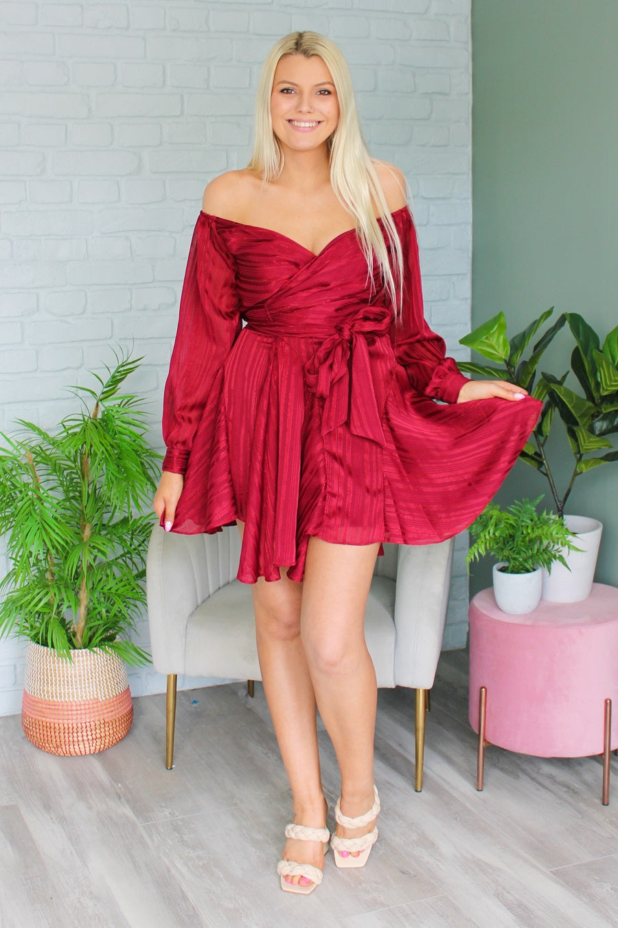 red wrap dress