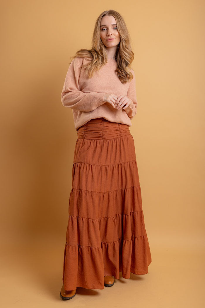 rust tiered maxi skirt