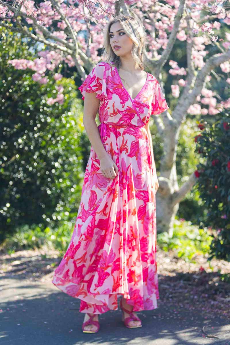 Pink floral wrap dress best sale