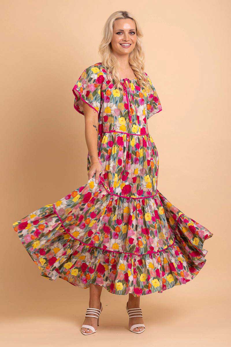 pink yellow floral print maxi dress