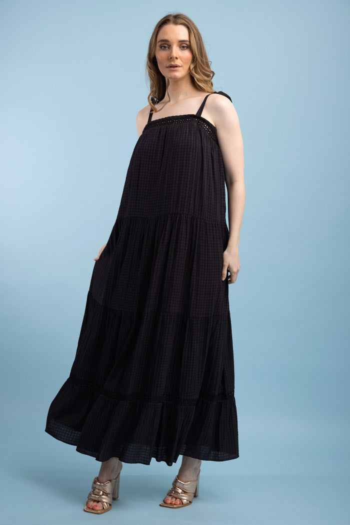 black tiered maxi dress