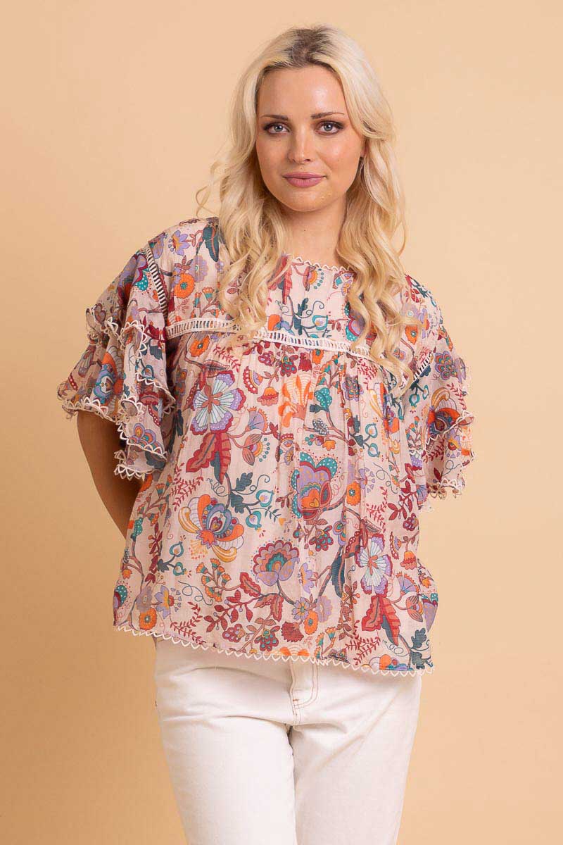 blue pink floral print blouse