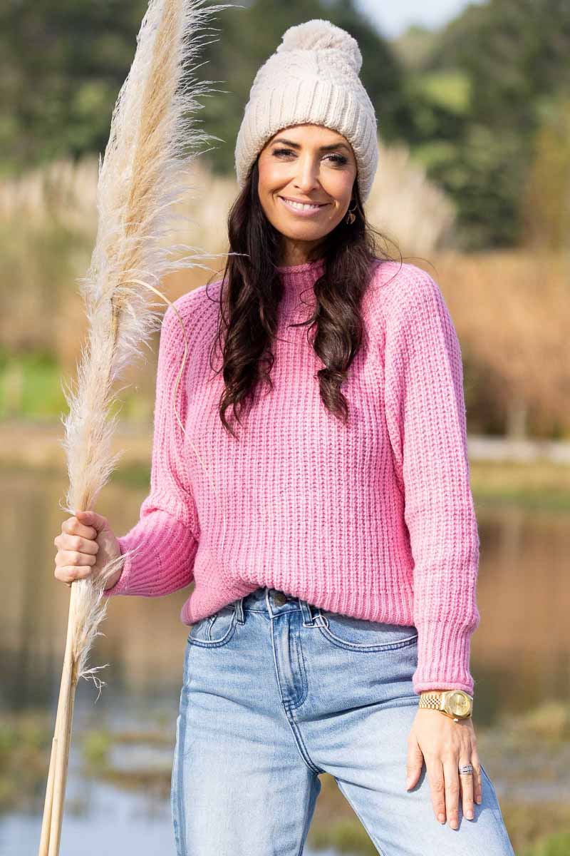 pink knitted jumper sweater roll neck