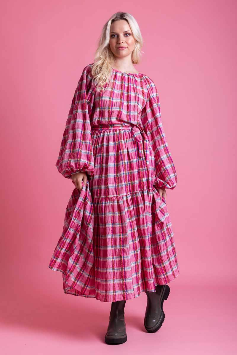 dark pink tartan print maxi dress